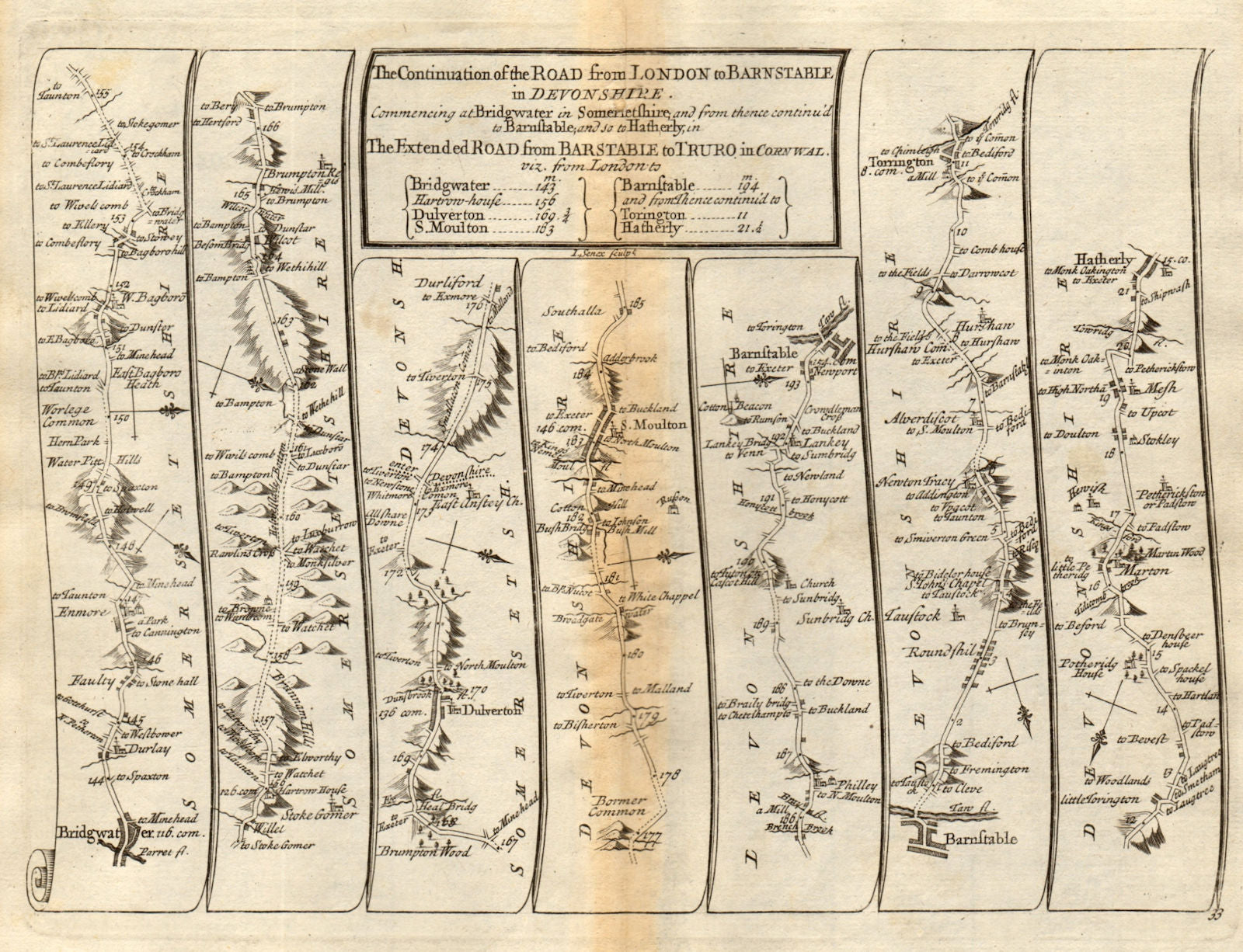 Bridgwater South Molton Barnstable Great Torrington SENEX #33 road map 1719